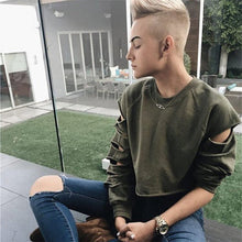 Womens Long Sleeve Casual Ripped Crop Top Hoodie Sweatshirt ShortJumper Pullover Tops Y09