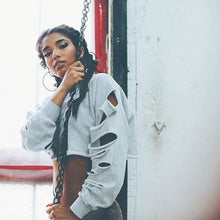 Womens Long Sleeve Casual Ripped Crop Top Hoodie Sweatshirt ShortJumper Pullover Tops Y09
