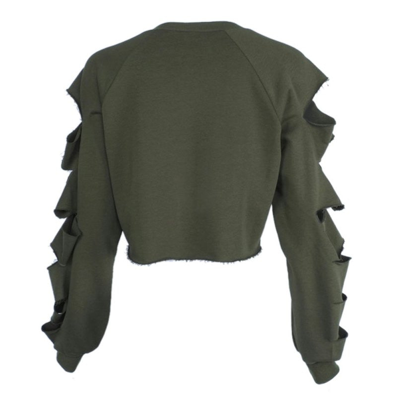 Womens Long Sleeve Casual Ripped Crop Top Hoodie Sweatshirt ShortJumper Pullover Tops Y09