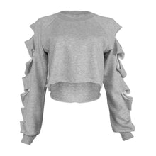 Womens Long Sleeve Casual Ripped Crop Top Hoodie Sweatshirt ShortJumper Pullover Tops Y09