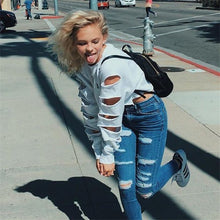 Womens Long Sleeve Casual Ripped Crop Top Hoodie Sweatshirt ShortJumper Pullover Tops Y09