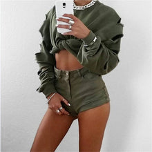 Womens Long Sleeve Casual Ripped Crop Top Hoodie Sweatshirt ShortJumper Pullover Tops Y09
