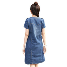 Women O-neck Short Sleeve Plus  A Line Denim Dress Slim Casual Office Denim Jeans Dress Vestidos Robe