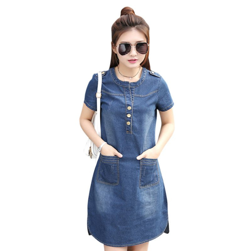 Women O-neck Short Sleeve Plus  A Line Denim Dress Slim Casual Office Denim Jeans Dress Vestidos Robe