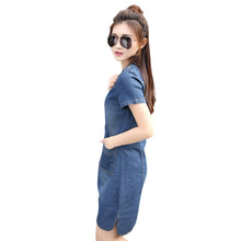 Women O-neck Short Sleeve Plus  A Line Denim Dress Slim Casual Office Denim Jeans Dress Vestidos Robe