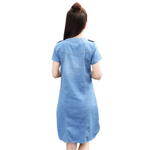 Women O-neck Short Sleeve Plus  A Line Denim Dress Slim Casual Office Denim Jeans Dress Vestidos Robe