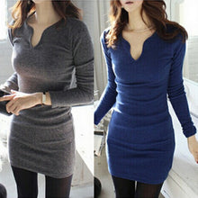 Slim All-match V-neck Long-sleeve Bodycon Pencil Women Mini Dress