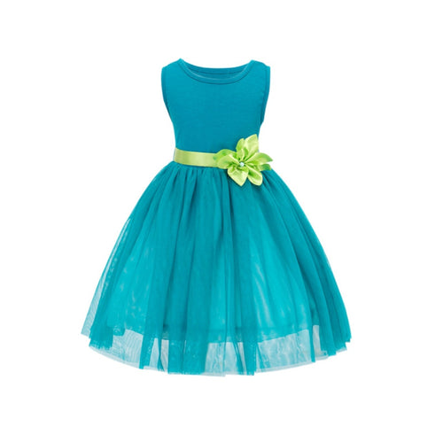 Baby Girl Princess Dress Dreamlike Lake Blue Sleeveless Green Floral Belt Dress Wedding Party Birthday Clothes