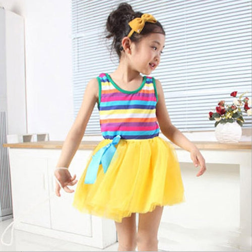 Baby Girls Puffy Dress Dancing Clothes Princess Tutu Rainbow Striped Dresses Kids Clothing