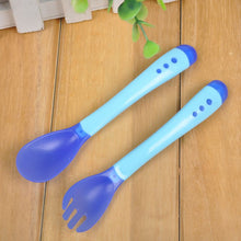Baby Heat Sensing Thermal Feeding Fork Spoon Kids Weaning Soft Silicone Head 2 Pieces