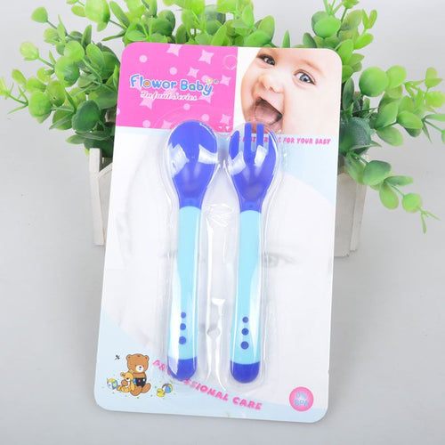 Baby Heat Sensing Thermal Feeding Fork Spoon Kids Weaning Soft Silicone Head 2 Pieces