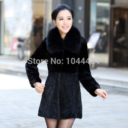 Brand Warm Women Luxury Mink Fur Sleeve Long Coat Jacket Outwear Fur Collar UK8-16