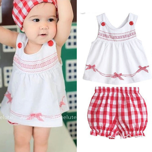 Cute Infant Bbay Girls Plaid Short Pants Clothes Sets Sleeveless Tops Scarf 3pcs Outfit Kids Clothing Set