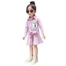 Kids Girls Plaid Dress Long Sleeve Sashes Turn-down Collar Dresses Children Clothes