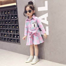 Kids Girls Plaid Dress Long Sleeve Sashes Turn-down Collar Dresses Children Clothes