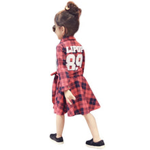Kids Girls Plaid Dress Long Sleeve Sashes Turn-down Collar Dresses Children Clothes