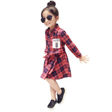 Kids Girls Plaid Dress Long Sleeve Sashes Turn-down Collar Dresses Children Clothes