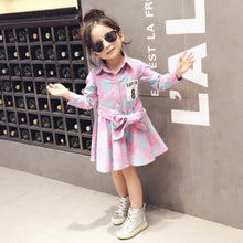 Kids Girls Plaid Dress Long Sleeve Sashes Turn-down Collar Dresses Children Clothes