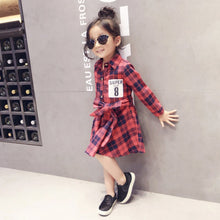 Kids Girls Plaid Dress Long Sleeve Sashes Turn-down Collar Dresses Children Clothes