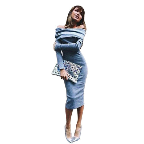Lady Long Sleeve Off Shoulder Party Cocktail Pullover Dress Slim Pencil