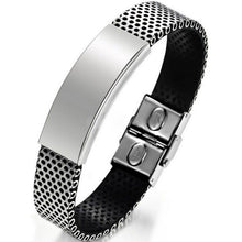 Stainless Steel Silver and Black Leather Cuff Bangle Bracelet Men Wristband Gift