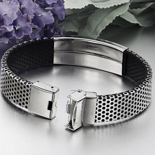 Stainless Steel Silver and Black Leather Cuff Bangle Bracelet Men Wristband Gift