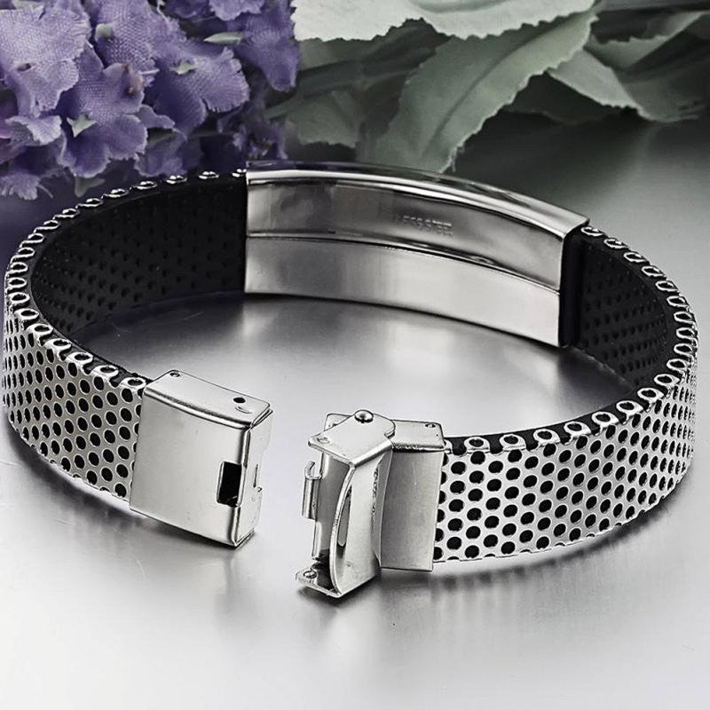 Stainless Steel Silver and Black Leather Cuff Bangle Bracelet Men Wristband Gift