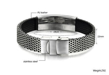 Stainless Steel Silver and Black Leather Cuff Bangle Bracelet Men Wristband Gift