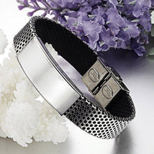 Stainless Steel Silver and Black Leather Cuff Bangle Bracelet Men Wristband Gift