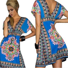Women Deep V-Neck Dress Floral Print Short Sleeve Beach Boho Knee Length Sundress