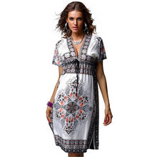 Women Deep V-Neck Dress Floral Print Short Sleeve Beach Boho Knee Length Sundress