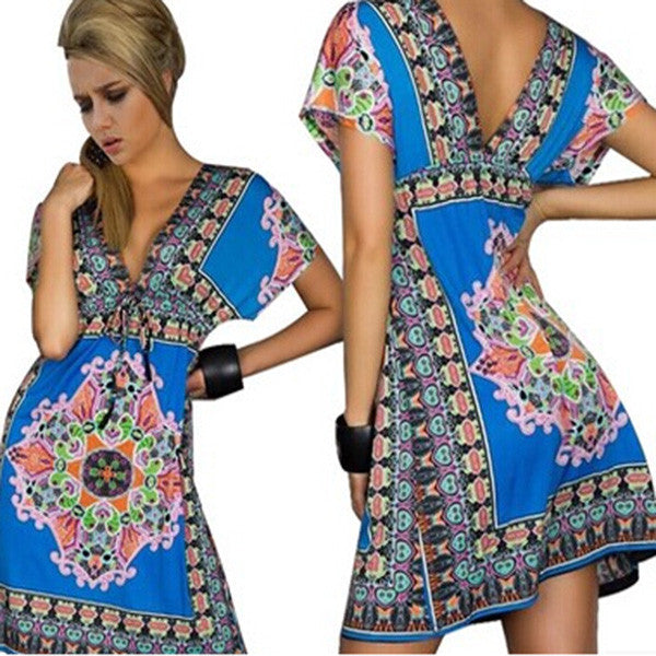 Women Deep V-Neck Dress Floral Print Short Sleeve Beach Boho Knee Length Sundress