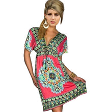 Women Deep V-Neck Dress Floral Print Short Sleeve Beach Boho Knee Length Sundress
