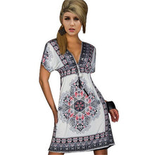 Women Deep V-Neck Dress Floral Print Short Sleeve Beach Boho Knee Length Sundress