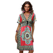 Women Deep V-Neck Dress Floral Print Short Sleeve Beach Boho Knee Length Sundress