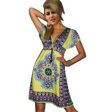 Women Deep V-Neck Dress Floral Print Short Sleeve Beach Boho Knee Length Sundress
