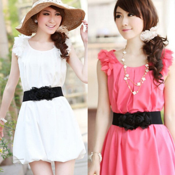 Women Girl Chiffon Flower Double Rose Flower Elastic Stretch Waist Belt
