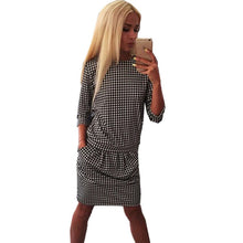 Women Houndstooth 3/4 Sleeve Casual Tight Slim Party Club Mini Dress PY3