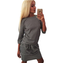 Women Houndstooth 3/4 Sleeve Casual Tight Slim Party Club Mini Dress PY3