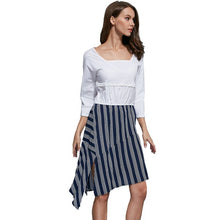 Women Ladies Patchwork Striped Irregular Dress 3/4 Sleeve Dresses Vestidos