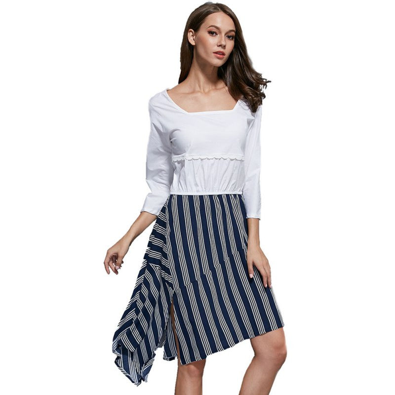 Women Ladies Patchwork Striped Irregular Dress 3/4 Sleeve Dresses Vestidos