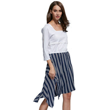 Women Ladies Patchwork Striped Irregular Dress 3/4 Sleeve Dresses Vestidos
