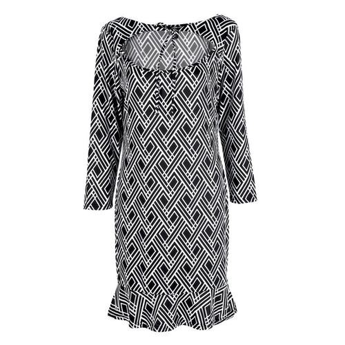 Women Lady Slim Trumpet Black and White Printed Pleated Mini Dress