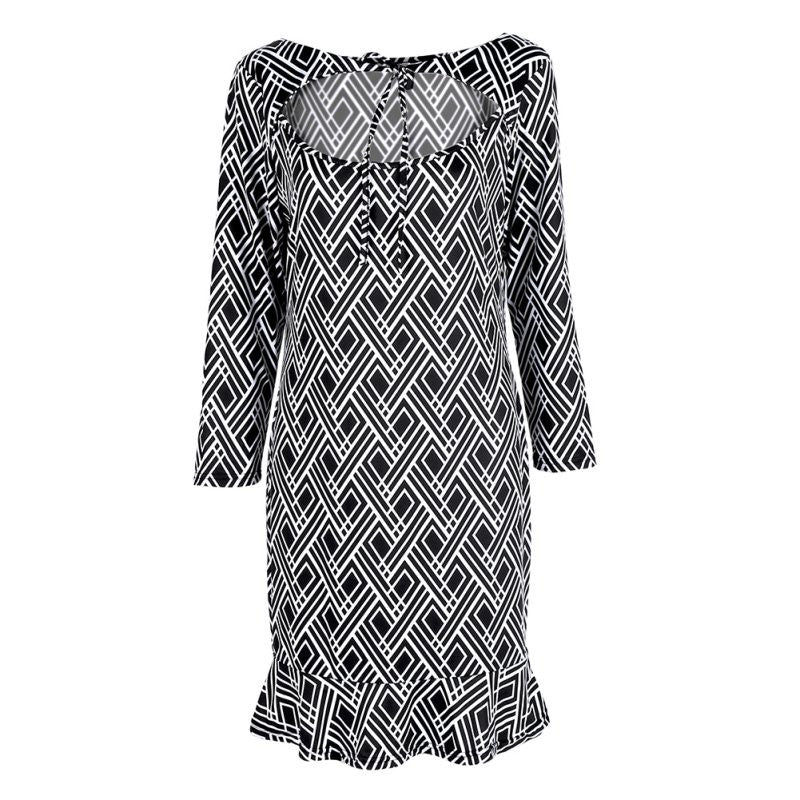 Women Lady Slim Trumpet Black and White Printed Pleated Mini Dress