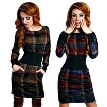 Women Plaid Long Sleeve Bodycon Dress O-Neck Slim Sexy Pencil Dresses Vestidos