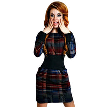 Women Plaid Long Sleeve Bodycon Dress O-Neck Slim Sexy Pencil Dresses Vestidos