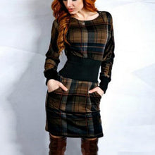 Women Plaid Long Sleeve Bodycon Dress O-Neck Slim Sexy Pencil Dresses Vestidos