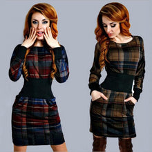 Women Plaid Long Sleeve Bodycon Dress O-Neck Slim Sexy Pencil Dresses Vestidos