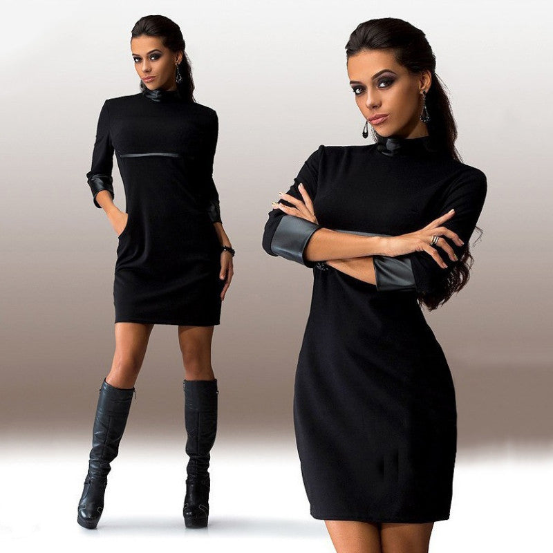 Women's 3/4 Sleeve Dress PU Leather Sleeve Clubwear Party Evening Red OL Dress