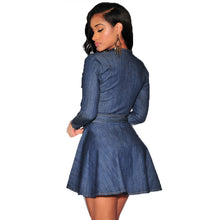 Women's Denim Jeans Short Mini Dress Long Sleeve Shirt Dresses Belted  P16
